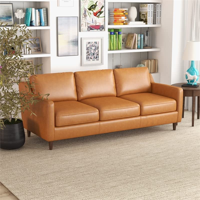 ASHCROFT Madison Mid Century Modern Furniture Genuine Leather Couches in Cognac Tan