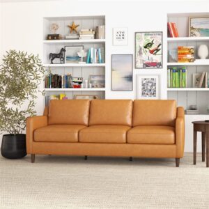 ASHCROFT Madison Mid Century Modern Furniture Genuine Leather Couches in Cognac Tan