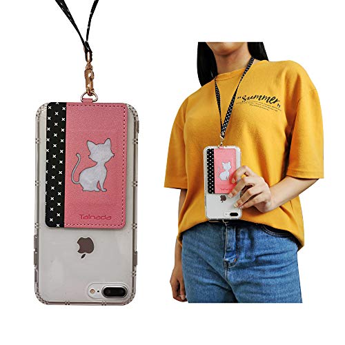 Tainada Stick On Adhesive PU Leather Animal Silhouette Wallet Cash ID Credit Card Holder with Detachable Neck Lanyard Compatible with Most Smartphones + One Cord Wrapper (Pink Cat)