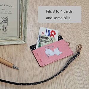 Tainada Stick On Adhesive PU Leather Animal Silhouette Wallet Cash ID Credit Card Holder with Detachable Neck Lanyard Compatible with Most Smartphones + One Cord Wrapper (Pink Cat)