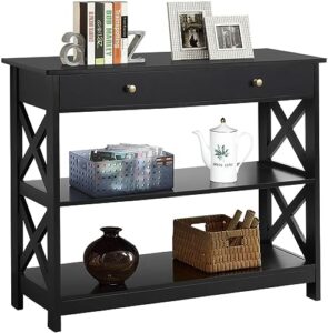 yaheetech console table with drawer, 39.5 inch narrow sofa table with storage shelves, 3-tier wood entryway table for hallway/living room/foyer, black