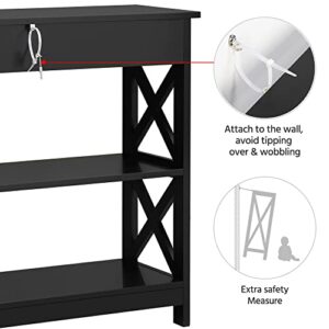 Yaheetech Console Table with Drawer, 39.5 Inch Narrow Sofa Table with Storage Shelves, 3-Tier Wood Entryway Table for Hallway/Living Room/Foyer, Black