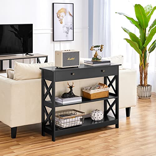 Yaheetech Console Table with Drawer, 39.5 Inch Narrow Sofa Table with Storage Shelves, 3-Tier Wood Entryway Table for Hallway/Living Room/Foyer, Black