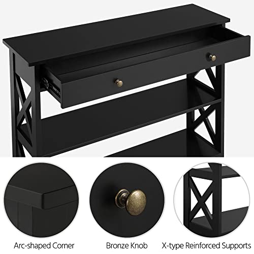 Yaheetech Console Table with Drawer, 39.5 Inch Narrow Sofa Table with Storage Shelves, 3-Tier Wood Entryway Table for Hallway/Living Room/Foyer, Black