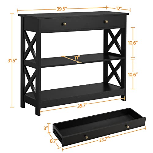 Yaheetech Console Table with Drawer, 39.5 Inch Narrow Sofa Table with Storage Shelves, 3-Tier Wood Entryway Table for Hallway/Living Room/Foyer, Black