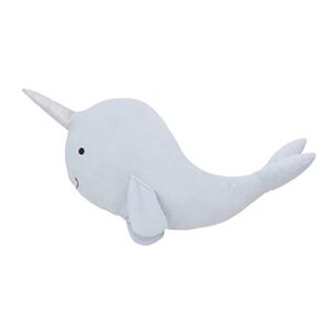 nojo light blue whimsical narwhal shaped decorative pillow with 3d silver metallic horn, light blue, silver