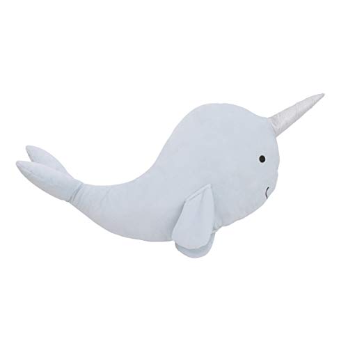 NoJo Light Blue Whimsical Narwhal Shaped Decorative Pillow with 3D Silver Metallic Horn, Light Blue, Silver