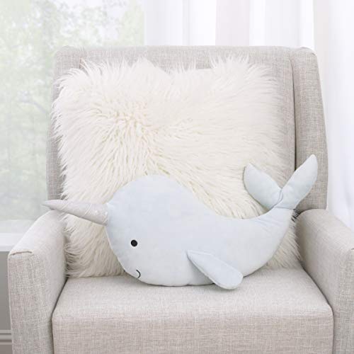 NoJo Light Blue Whimsical Narwhal Shaped Decorative Pillow with 3D Silver Metallic Horn, Light Blue, Silver
