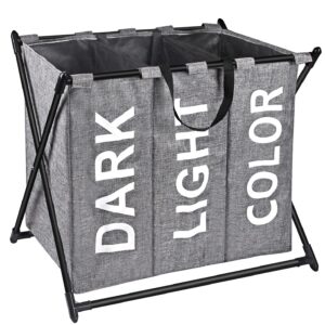 x-cosrack 180l laundry hamper 3 sections laundry sorter, foldable & collapsible 3 bin laundry hamper with handles, waterproof lining laundry organizer for dirty clothes & kid's puppets, black, grey