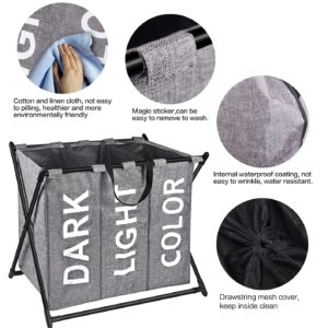 X-cosrack 180L Laundry Hamper 3 Sections Laundry Sorter, Foldable & Collapsible 3 Bin Laundry Hamper with Handles, Waterproof Lining Laundry Organizer for Dirty Clothes & Kid's Puppets, Black, Grey