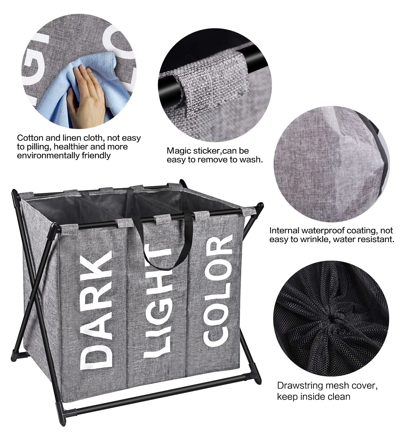 X-cosrack 180L Laundry Hamper 3 Sections Laundry Sorter, Foldable & Collapsible 3 Bin Laundry Hamper with Handles, Waterproof Lining Laundry Organizer for Dirty Clothes & Kid's Puppets, Black, Grey