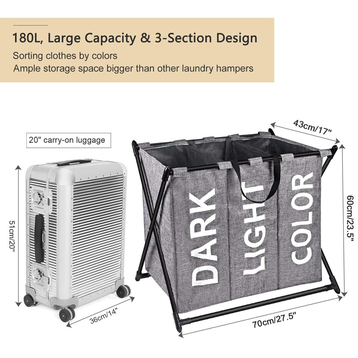 X-cosrack 180L Laundry Hamper 3 Sections Laundry Sorter, Foldable & Collapsible 3 Bin Laundry Hamper with Handles, Waterproof Lining Laundry Organizer for Dirty Clothes & Kid's Puppets, Black, Grey