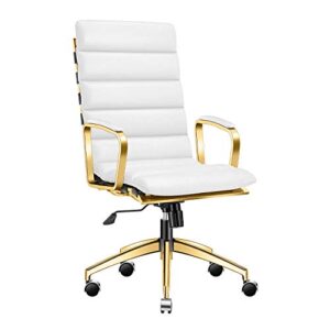 luxmod deluxe gold office chair, high back desk chair for extra back and lumbar support, white executive chair, ribbed office chair with leather, ergonomic white and gold leather desk chair