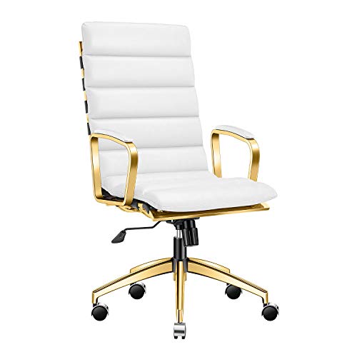 LUXMOD Deluxe Gold Office Chair, High Back Desk Chair for Extra Back and Lumbar Support, White Executive Chair, Ribbed Office Chair with Leather, Ergonomic White and Gold Leather Desk Chair