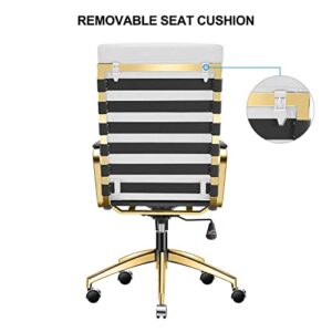 LUXMOD Deluxe Gold Office Chair, High Back Desk Chair for Extra Back and Lumbar Support, White Executive Chair, Ribbed Office Chair with Leather, Ergonomic White and Gold Leather Desk Chair