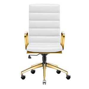 LUXMOD Deluxe Gold Office Chair, High Back Desk Chair for Extra Back and Lumbar Support, White Executive Chair, Ribbed Office Chair with Leather, Ergonomic White and Gold Leather Desk Chair