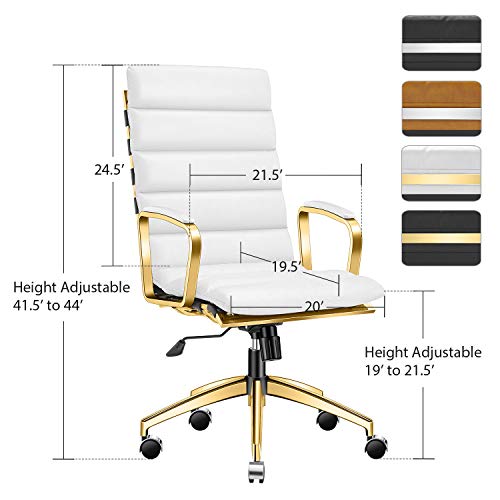 LUXMOD Deluxe Gold Office Chair, High Back Desk Chair for Extra Back and Lumbar Support, White Executive Chair, Ribbed Office Chair with Leather, Ergonomic White and Gold Leather Desk Chair