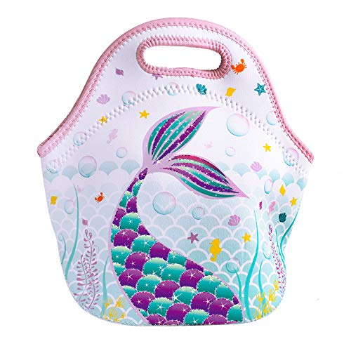 Mermaid Lunch Bag - Neoprene Kids Lunch Bag for Girls Gift Back to School Preschool Kindergarten Elementary Lunchbag Outdoor Picnic Camping Reusable Lunch Tote Bag