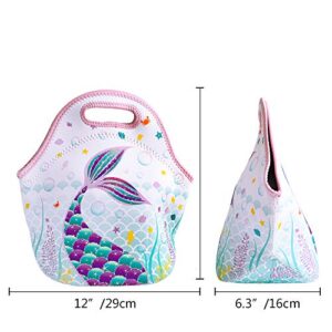 Mermaid Lunch Bag - Neoprene Kids Lunch Bag for Girls Gift Back to School Preschool Kindergarten Elementary Lunchbag Outdoor Picnic Camping Reusable Lunch Tote Bag