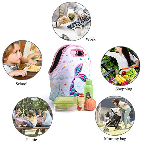 Mermaid Lunch Bag - Neoprene Kids Lunch Bag for Girls Gift Back to School Preschool Kindergarten Elementary Lunchbag Outdoor Picnic Camping Reusable Lunch Tote Bag