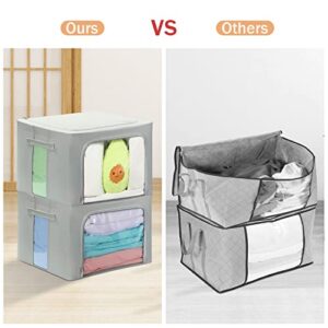 HOUSE AGAIN 3Pcs Clothes Storage Bins, Stackable Shelf Bags/Boxes, Closet Organizers and Storage, Metal Frame Clear Front and Durable Zipper, Bedding, Blankets, Grey(36L)
