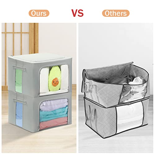 HOUSE AGAIN 3Pcs Clothes Storage Bins, Stackable Shelf Bags/Boxes, Closet Organizers and Storage, Metal Frame Clear Front and Durable Zipper, Bedding, Blankets, Grey(36L)