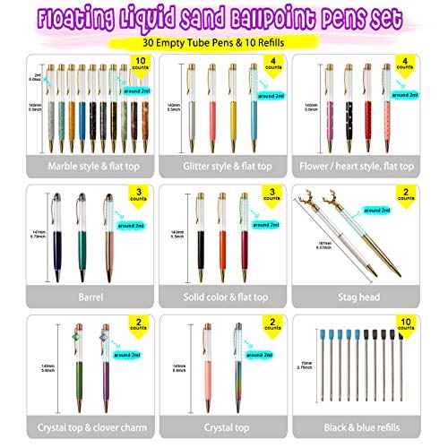 FUNSHOWCASE Floating Liquid Sand Ballpoint Pens Set 40-kit 30 Empty Tube Glitter Pen with 10 Replaced Black and Blue Refills