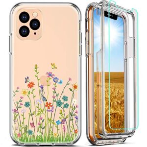 firmge for iphone 11 pro max case, with 2 x tempered glass screen protector 360 full-body coverage hard pc tpu silicone 3 in 1 military grade shockproof floral phone protective cover- clear flower 01