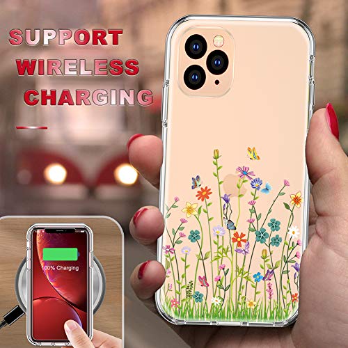 FIRMGE for iPhone 11 Pro Max Case, with 2 x Tempered Glass Screen Protector 360 Full-Body Coverage Hard PC TPU Silicone 3 in 1 Military Grade Shockproof Floral Phone Protective Cover- Clear Flower 01