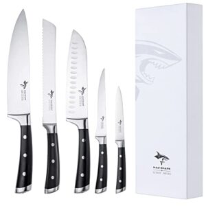 mad shark knife set, professional 5 piece kitchen chef knife set, german high carbon stainless steel ultra sharp knives sets, ergonomic handle home cooking perfect cutlery set gift