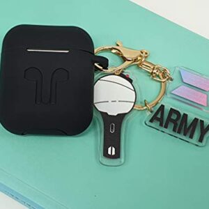 BT-S Airpods Case with Kpop Bangtan Boys Army Bomb Keychain, Protective Premium Silicone Cover Compatible with Apple Airpods (Black)