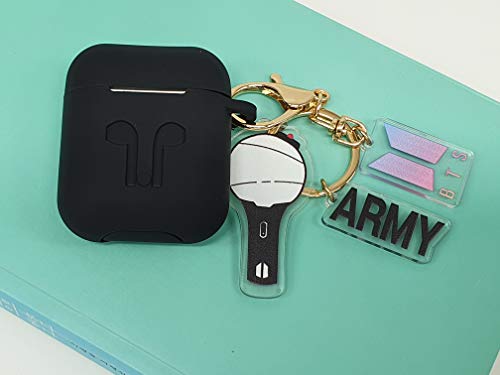 BT-S Airpods Case with Kpop Bangtan Boys Army Bomb Keychain, Protective Premium Silicone Cover Compatible with Apple Airpods (Black)