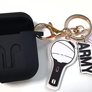 BT-S Airpods Case with Kpop Bangtan Boys Army Bomb Keychain, Protective Premium Silicone Cover Compatible with Apple Airpods (Black)