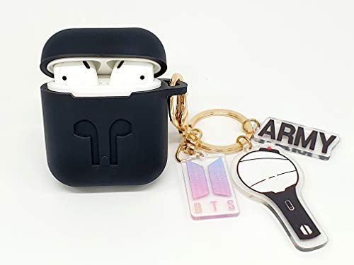 BT-S Airpods Case with Kpop Bangtan Boys Army Bomb Keychain, Protective Premium Silicone Cover Compatible with Apple Airpods (Black)