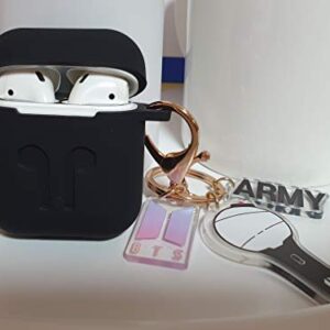 BT-S Airpods Case with Kpop Bangtan Boys Army Bomb Keychain, Protective Premium Silicone Cover Compatible with Apple Airpods (Black)