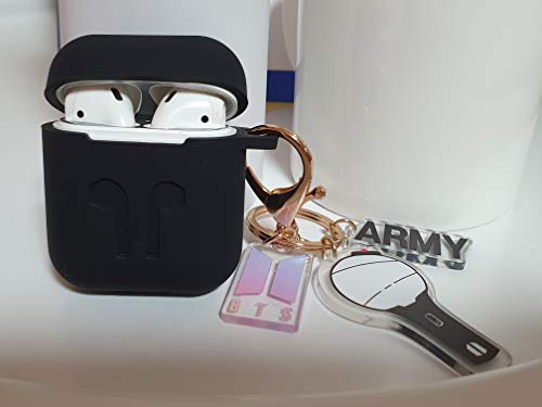 BT-S Airpods Case with Kpop Bangtan Boys Army Bomb Keychain, Protective Premium Silicone Cover Compatible with Apple Airpods (Black)