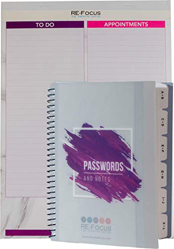 RE-FOCUS THE CREATIVE OFFICE, Password Book Keeper, Small, Mini, Purple, Alphabetical Tabs, Spiral Bound, Removable Sheets, Journal Organizer, Includes Website, Address, Username, Password