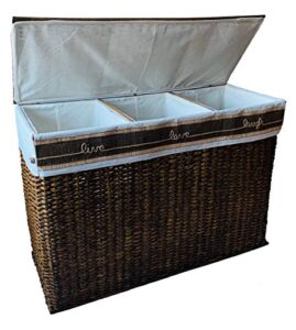 gutz handcrafted wicker oversized 3 section divided laundry hamper sorter and organizer handwoven rattan basket with lid, cloth liner and coconut buttons, jute rope, and raffia weave accent