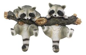 ebros whimsical forest rustic 2 playful raccoons dangling on tree branch 6 pegs wall hooks 9.25" wide hanger raccoon rodent themed wall mount coat hat keys hook decor hanging sculpture plaque