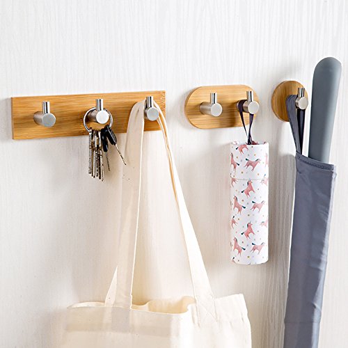 ZMTT Self Adhesive Hooks, 3 Packs Adhesive Wall Hooks Towel Coat Hanger Bamboo Stainless Steel Hanger Shelf for Bathroom Kitchen Bedroom