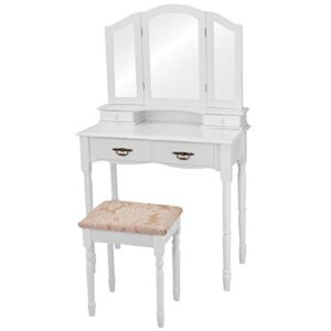 reuniong vanity set w/stool and mirror, multifunction makeup table writing desk w/drawers, trifold large mirror and cushioned stool, for home bedroom vanity dressing table desk (white)