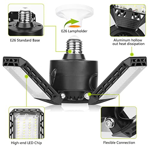 4 Pack Led Garage Lights, 60W Deformable Garage Ceiling Light 8000lm E26 Basement Lights with 3 Adjustable Led Panels 270° – Fits for Garage, Warehouse, Barn, Workshop and Yard (No Motion Activated)