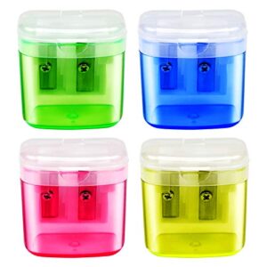 pencil sharpener, menoly 4 pack double hole pencil sharpener small pencil sharpener manual hand pencil sharpeners with lid for school office home (pink yellow green blue)