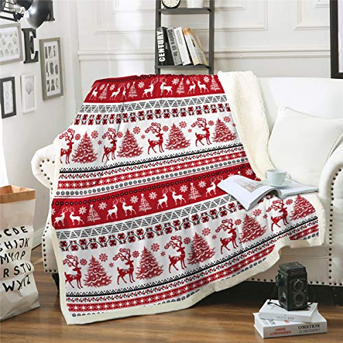 Christmas Throw Blanket Snowflake Red Elk Christmas Tree Printed Sherpa Fleece Blanket Fuzzy Warm Throw Blanket for Bedding Couch 50x60 inches