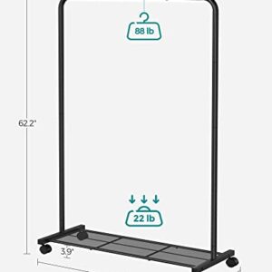 SONGMICS Clothes Rack with Wheels, 36 Inch Garment Rack, Clothing Rack for Hanging Clothes, with Dense Mesh Storage Shelf, 110 lb Load Capacity, 2 Brakes, Steel Frame, Black UHSR25BK