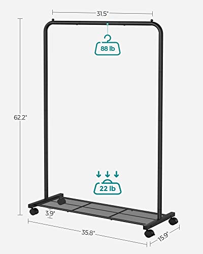 SONGMICS Clothes Rack with Wheels, 36 Inch Garment Rack, Clothing Rack for Hanging Clothes, with Dense Mesh Storage Shelf, 110 lb Load Capacity, 2 Brakes, Steel Frame, Black UHSR25BK