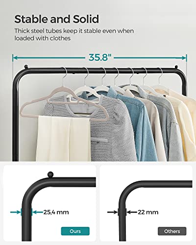 SONGMICS Clothes Rack with Wheels, 36 Inch Garment Rack, Clothing Rack for Hanging Clothes, with Dense Mesh Storage Shelf, 110 lb Load Capacity, 2 Brakes, Steel Frame, Black UHSR25BK