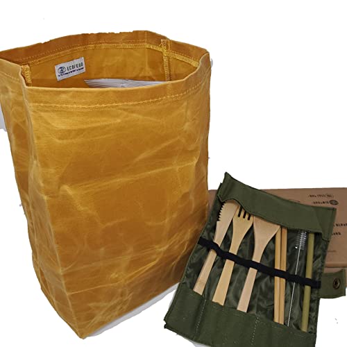 ECO/EGO Eco-Friendly Canvas Lunch Bag Set. 1 heavy duty and waterproof waxed canvas lunch bag/ 1 bamboo cutlery set (1 knife,1 fork,1 spoon,2 chopsticks,1 straw,1 cleaning brush,1 travel pouch).