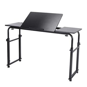 topincn overbed table with wheels and storage shelf, height adjustable tiltable table, over the bed desk laptop cart mobile computer desk (47.24inch black)