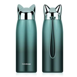 cute cat fox tumbler travel mug,10oz stainless steel hot cold thermoses water bottle for cat lover gifts(dark green)